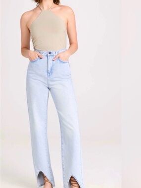 Light Blue High-Rise Flared Jeans with Front Slit